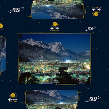 Darstellung des Puzzle Motivs Blick über Garmisch-Partenkirchen zur Zugspitzgruppe (2962m) bei Nacht, Oberbayern 500 Puzzle Schachtel 3D Modell