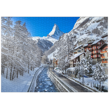 Darstellung des Puzzle Motivs puzzleplate Das Bergdorf Zermatt in der Schweiz, Das Matterhorn, Alpenfluss. 1000 Puzzle