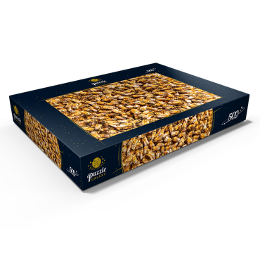 Darstellung des Puzzle Motivs Arbeiter Honigbienen auf einem Rahmen aus einem Bienenstock. 500 Puzzle Schachtel Ansicht1