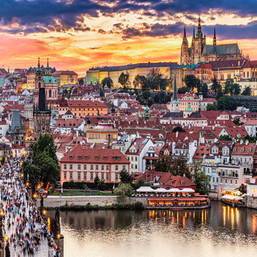 Darstellung des Puzzle Motivs Prag - Tschechische Republik - Sonnenuntergang oder Sonnenaufgang Blick auf die Karlsbrücke und die Prager Burg über Moldau und das historische Zentrum von Prag, Gebäude und Wahrzeichen der Altstadt 1000 Puzzle 3D Modell