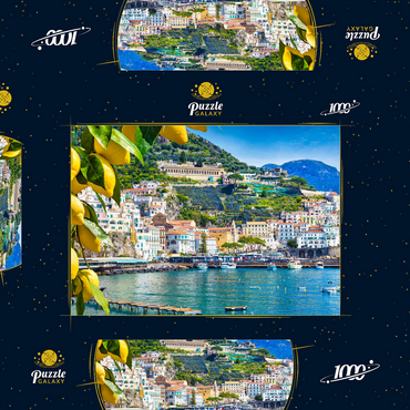 Darstellung des Puzzle Motivs Panoramasicht auf den wunderschönen Amalfi auf Hügeln, die zur Küste hinunter führen, Kampanien, Italien. Die Amalfiküste ist das beliebteste Reise- und Urlaubsziel in Europa. Reife gelbe Zitronen im Vordergrund. 1000 Puzzle Schachtel 3D Modell