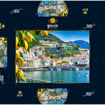 Darstellung des Puzzle Motivs Panoramasicht auf den wunderschönen Amalfi auf Hügeln, die zur Küste hinunter führen, Kampanien, Italien. Die Amalfiküste ist das beliebteste Reise- und Urlaubsziel in Europa. Reife gelbe Zitronen im Vordergrund. 200 Puzzle Schachtel 3D Modell