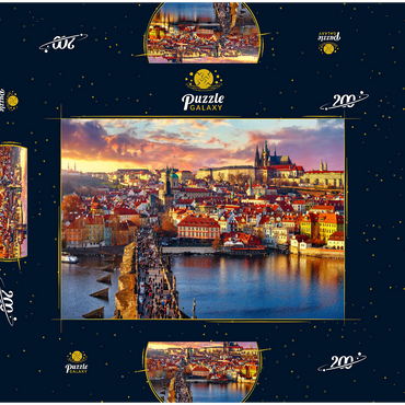 Darstellung des Puzzle Motivs Panoramaaussicht oben auf der Karlsbrücke Prager Burg und Fluss Moldau Prag Tschechische Republik. Malerische Landschaft mit sonnigen Altstädter Häusern mit roten, tegularen Dächern und Bachturm. 200 Puzzle Schachtel 3D Modell