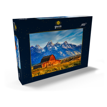 Darstellung des Puzzle Motivs Barn on Mormon Run , Wyoming beliebteste Scheune in Jackson Hole. 1000 Puzzle Schachtel Ansicht2