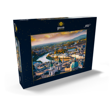 Darstellung des Puzzle Motivs Schöner Panoramablick aus der Luft in der Herbstsaison in einer historischen Stadt Salzburg mit Salzach in schönem goldenem Abendlicht und bunter Herbst bei Sonnenuntergang, Salzburger Land, Österreich 1000 Puzzle Schachtel Ansicht2