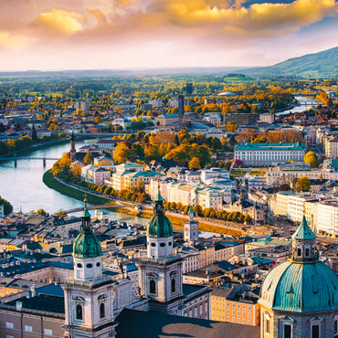 Darstellung des Puzzle Motivs Schöner Panoramablick aus der Luft in der Herbstsaison in einer historischen Stadt Salzburg mit Salzach in schönem goldenem Abendlicht und bunter Herbst bei Sonnenuntergang, Salzburger Land, Österreich 1000 Puzzle 3D Modell