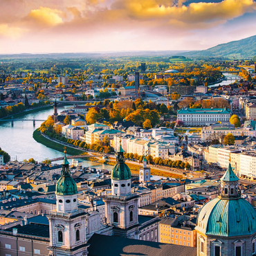 Darstellung des Puzzle Motivs Schöner Panoramablick aus der Luft in der Herbstsaison in einer historischen Stadt Salzburg mit Salzach in schönem goldenem Abendlicht und bunter Herbst bei Sonnenuntergang, Salzburger Land, Österreich 100 Puzzle 3D Modell