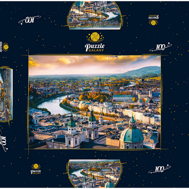 Darstellung des Puzzle Motivs Schöner Panoramablick aus der Luft in der Herbstsaison in einer historischen Stadt Salzburg mit Salzach in schönem goldenem Abendlicht und bunter Herbst bei Sonnenuntergang, Salzburger Land, Österreich 100 Puzzle Schachtel 3D Modell