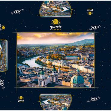 Darstellung des Puzzle Motivs Schöner Panoramablick aus der Luft in der Herbstsaison in einer historischen Stadt Salzburg mit Salzach in schönem goldenem Abendlicht und bunter Herbst bei Sonnenuntergang, Salzburger Land, Österreich 200 Puzzle Schachtel 3D Modell