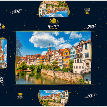 Darstellung des Puzzle Motivs Tübingen in Stuttgart, Deutschland Farbiges Haus am Flussufer und blauer Himmel. Schöne alte Stadt in Europa. Leute sitzen an der Wand. Boote aus Holz, die am Dock befestigt sind. 200 Puzzle Schachtel 3D Modell