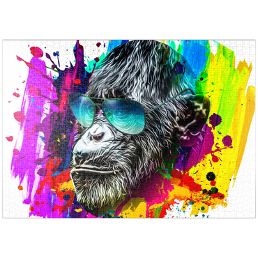 Darstellung des Puzzle Motivs puzzleplate Farbiger künstlerischer Affe in Brillen mit bunten Farbsplatten auf weißem Hintergrund 1000 Puzzle