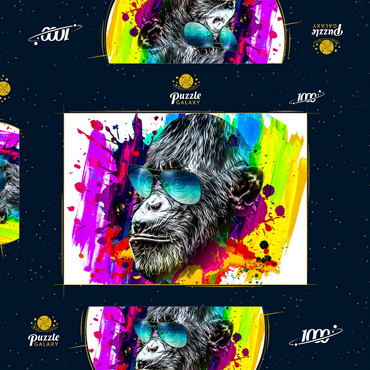 Darstellung des Puzzle Motivs Farbiger künstlerischer Affe in Brillen mit bunten Farbsplatten auf weißem Hintergrund 1000 Puzzle Schachtel 3D Modell