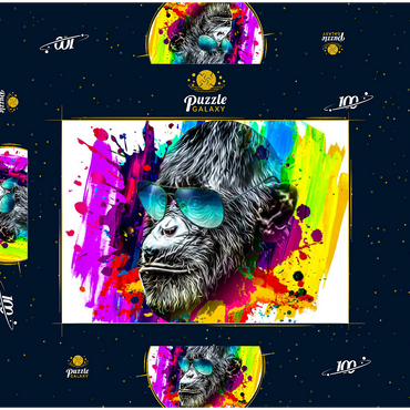 Darstellung des Puzzle Motivs Farbiger künstlerischer Affe in Brillen mit bunten Farbsplatten auf weißem Hintergrund 100 Puzzle Schachtel 3D Modell