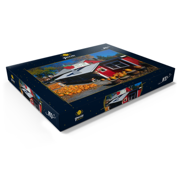 Darstellung des Puzzle Motivs Gemüseladen mit Kürbisse, Connecticut, USA 100 Puzzle Schachtel Ansicht1