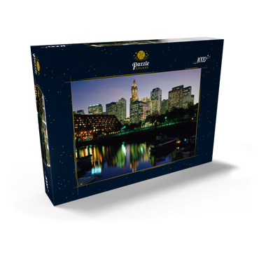 Darstellung des Puzzle Motivs Yachthafen mir der Skyline von Boston, Massachusetts, USA 1000 Puzzle Schachtel Ansicht2