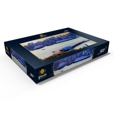 Darstellung des Puzzle Motivs Transatlantikliner Queen Mary 2 und Queen Elizabeth 2 im Hafen am Hudson River, Manhattan, New York City, New York, USA 500 Puzzle Schachtel Ansicht1