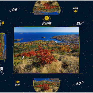 Darstellung des Puzzle Motivs Stadtübersicht und Yachthafen von Camden, Maine, USA 100 Puzzle Schachtel 3D Modell