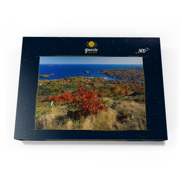 Darstellung des Puzzle Motivs Stadtübersicht und Yachthafen von Camden, Maine, USA 500 Puzzle Schachtel Ansicht3