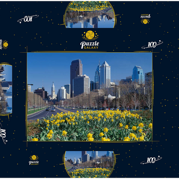 Darstellung des Puzzle Motivs Benjamin Franklin Parkway mit Skline und City Hall, Philadelphia, Pennsylvania, USA 100 Puzzle Schachtel 3D Modell