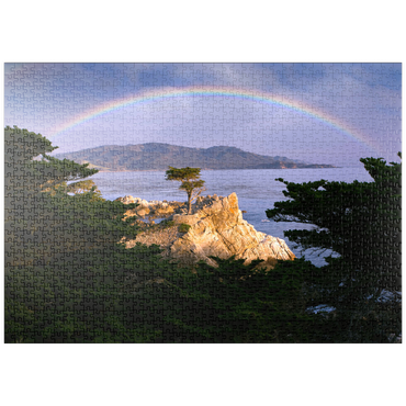 Darstellung des Puzzle Motivs puzzleplate Regenbogen über der Monterey-Zypresse (Lone Cypress) an der Pazifikküste bei 1000 Puzzle
