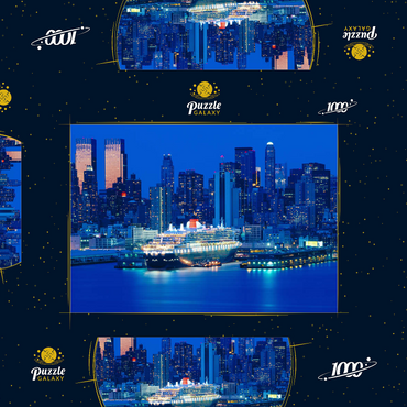 Darstellung des Puzzle Motivs Transatlantikliner Queen Mary 2 im Hafen am Hudson River, Manhattan, New York City, New York, USA 1000 Puzzle Schachtel 3D Modell