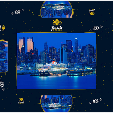 Darstellung des Puzzle Motivs Transatlantikliner Queen Mary 2 im Hafen am Hudson River, Manhattan, New York City, New York, USA 100 Puzzle Schachtel 3D Modell
