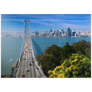 Darstellung des Puzzle Motivs puzzleplate Bay Bridge mit Skyline, San Francisco, Kalifornien, USA 1000 Puzzle