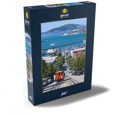 Darstellung des Puzzle Motivs Cable Car mit Fisherman's Wharf und Alcatraz Island, San Francisco, Kalifornien, USA 1000 Puzzle Schachtel Ansicht2