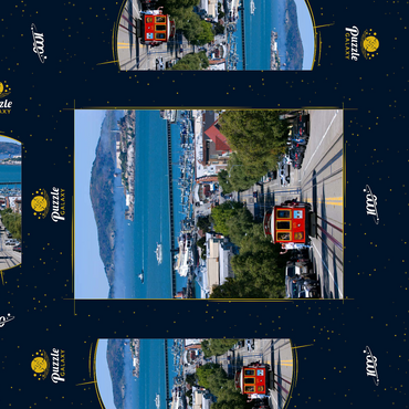 Darstellung des Puzzle Motivs Cable Car mit Fisherman's Wharf und Alcatraz Island, San Francisco, Kalifornien, USA 1000 Puzzle Schachtel 3D Modell
