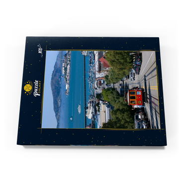 Darstellung des Puzzle Motivs Cable Car mit Fisherman's Wharf und Alcatraz Island, San Francisco, Kalifornien, USA 100 Puzzle Schachtel Ansicht3
