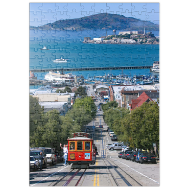 Darstellung des Puzzle Motivs puzzleplate Cable Car mit Fisherman's Wharf und Alcatraz Island, San Francisco, Kalifornien, USA 200 Puzzle