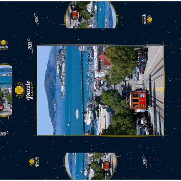 Darstellung des Puzzle Motivs Cable Car mit Fisherman's Wharf und Alcatraz Island, San Francisco, Kalifornien, USA 200 Puzzle Schachtel 3D Modell