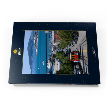 Darstellung des Puzzle Motivs Cable Car mit Fisherman's Wharf und Alcatraz Island, San Francisco, Kalifornien, USA 500 Puzzle Schachtel Ansicht3