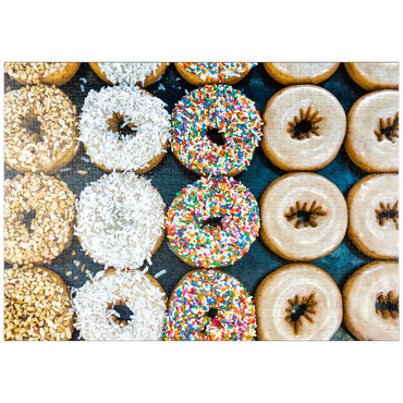 Darstellung des Puzzle Motivs puzzleplate Frische Donuts mit verschiedenen Belägen aus der örtlichen Bäckerei. 1000 Puzzle