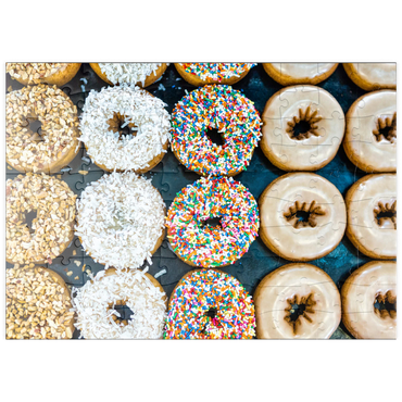 Darstellung des Puzzle Motivs puzzleplate Frische Donuts mit verschiedenen Belägen aus der örtlichen Bäckerei. 100 Puzzle