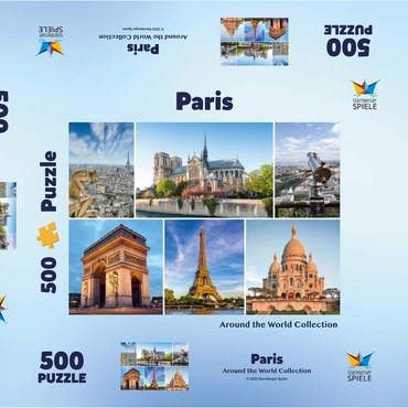 Darstellung des Puzzle Motivs Paris - Notre Dame, Eiffelturm und Sacre Coeur 500 Puzzle Schachtel 3D Modell