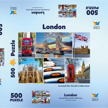 Darstellung des Puzzle Motivs London - Big Ben, Tower Bridge und Westminster Abbey 500 Puzzle Schachtel 3D Modell