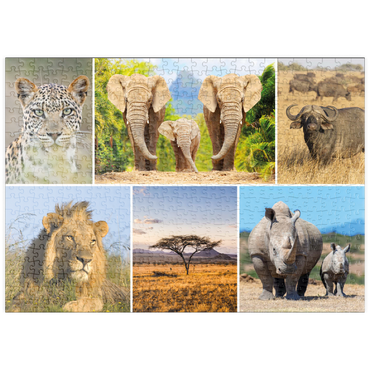 Darstellung des Puzzle Motivs puzzleplate Afrika-Safari - Löwe, Elefant, Leopard, Nashorn, Büffel 500 Puzzle
