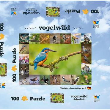 Darstellung des Puzzle Motivs Vögel des Jahres - Collage Nr.8 Hauptmotiv: Eisvogel 100 Puzzle Schachtel 3D Modell