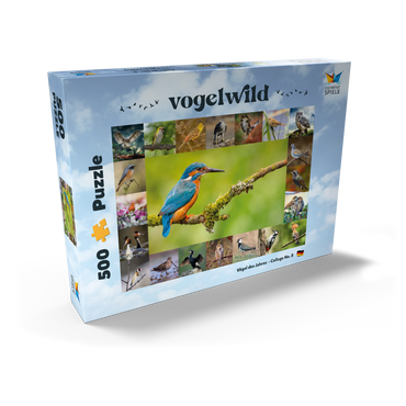 Darstellung des Puzzle Motivs Vögel des Jahres - Collage Nr.8 Hauptmotiv: Eisvogel 500 Puzzle Schachtel Ansicht2
