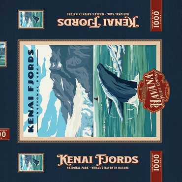 Darstellung des Puzzle Motivs Kenai Fjords National Park - Whale's Haven in Nature, Vintage Travel Poster 1000 Puzzle Schachtel 3D Modell