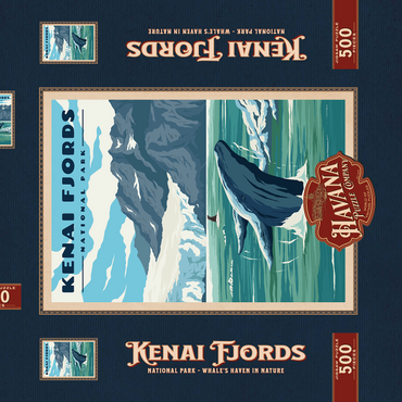 Darstellung des Puzzle Motivs Kenai Fjords National Park - Whale's Haven in Nature, Vintage Travel Poster 500 Puzzle Schachtel 3D Modell