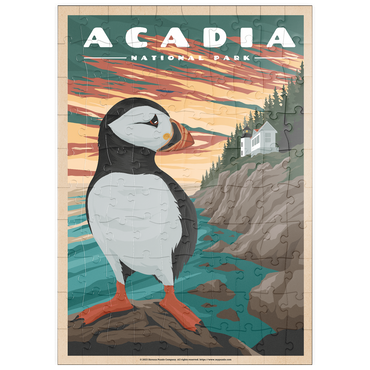 Darstellung des Puzzle Motivs puzzleplate Acadia National Park - Bass Harbor Puffins, Vintage Travel Poster 100 Puzzle
