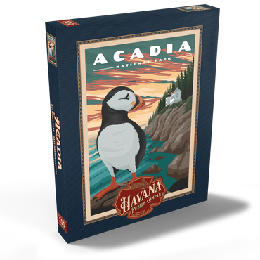 Darstellung des Puzzle Motivs Acadia National Park - Bass Harbor Puffins, Vintage Travel Poster 200 Puzzle Schachtel Ansicht2