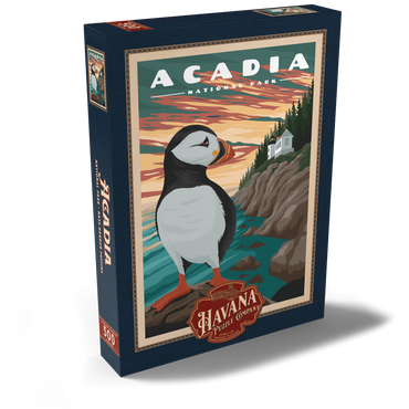 Darstellung des Puzzle Motivs Acadia National Park - Bass Harbor Puffins, Vintage Travel Poster 500 Puzzle Schachtel Ansicht2