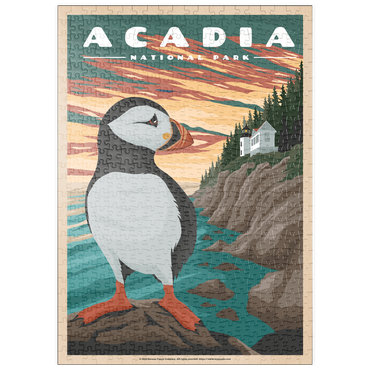 Darstellung des Puzzle Motivs puzzleplate Acadia National Park - Bass Harbor Puffins, Vintage Travel Poster 500 Puzzle