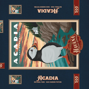 Darstellung des Puzzle Motivs Acadia National Park - Bass Harbor Puffins, Vintage Travel Poster 500 Puzzle Schachtel 3D Modell