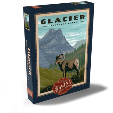 Darstellung des Puzzle Motivs Glacier National Park - Where the Bighorn Sheep Roam, Vintage Travel Poster 1000 Puzzle Schachtel Ansicht2