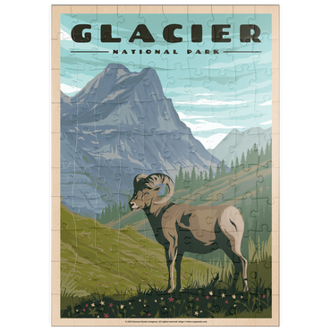Darstellung des Puzzle Motivs puzzleplate Glacier National Park - Where the Bighorn Sheep Roam, Vintage Travel Poster 100 Puzzle