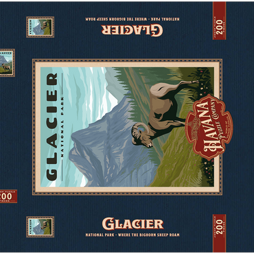 Darstellung des Puzzle Motivs Glacier National Park - Where the Bighorn Sheep Roam, Vintage Travel Poster 200 Puzzle Schachtel 3D Modell